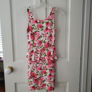 H&M Divided Peplum Dress Bright Pink Roses Size 2